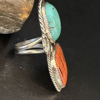 Navajo Turquoise Spiny Oyster Ring | Authentic Native American Sterling Silver | Multi-Stone | Sz 8.5 | 14490