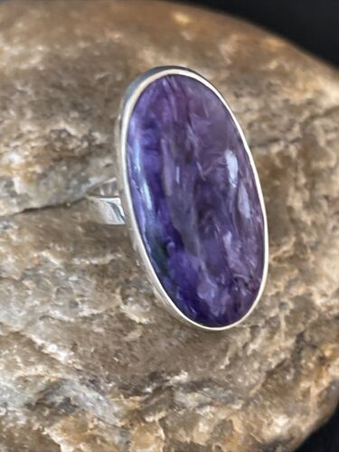 Navajo Purple Charoite Oval Ring | Sterling Silver | Sz 8 Adjustable | Authentic Native American Handmade | 10570