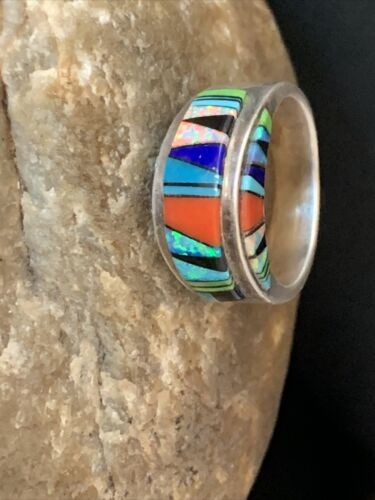 Multi-Color Navajo Sterling Silver Turquoise Spiny Oyster Inlay Ring Sz 6 | Handmade | 14169
