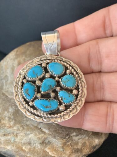 Navajo Blue Kingman Turquoise Cluster Pendant | Authentic Native American Sterling Silver | Multi-Stone | 2" | 02094