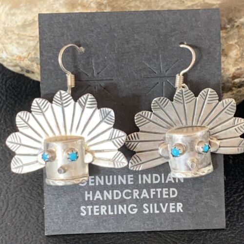 Old Pawn Native American Indian Head Dangle Earrings | Sterling Silver Blue Turquoise | 13037