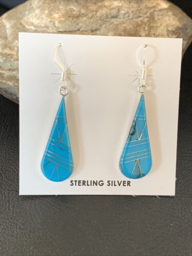 Navajo Blue Turquoise Inlay Dangle Drop Earrings | Sterling Silver | 1.5" | 12310