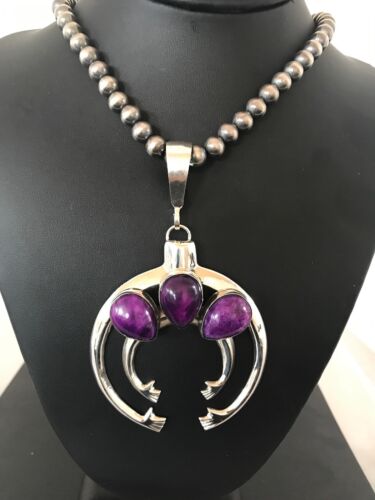 Navajo Pearl Sugilite Naja Necklace Pendant Earring Set | Yazzie | Authentic Native American Sterling Silver | Handmade Set | 3894