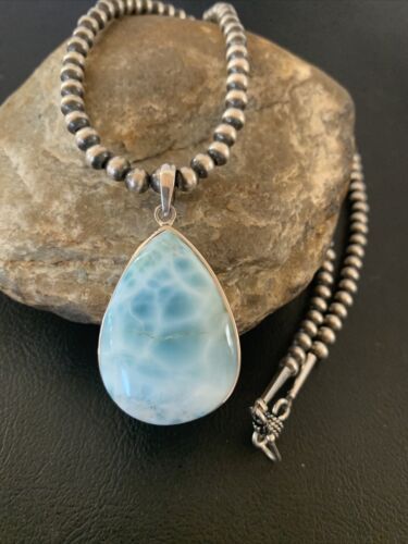 Navajo Blue Larimar Pendant Necklace | Sterling Silver Beads | Authentic Native American Handmade | 1765