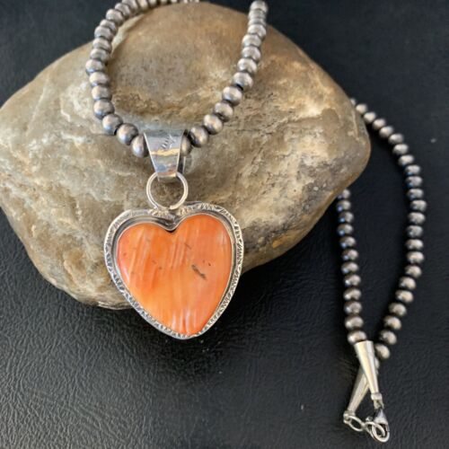 Navajo Orange Heart Spiny Oyster Pendant | Sterling Silver Necklace | Authentic Native American Handmade | 13947