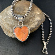 Navajo Orange Heart Spiny Oyster Pendant | Sterling Silver Necklace | Authentic Native American Handmade | 13947