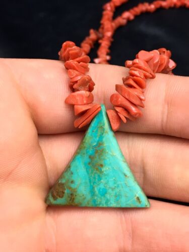 Native American Kingman Turquoise and Coral Pendant Necklace | Brass | Old Pawn | 19" | 4029