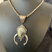 Navajo Green Spiderweb Turquoise Necklace with Naja Pendant | Sterling Silver | Authentic Native American Handmade | 2246