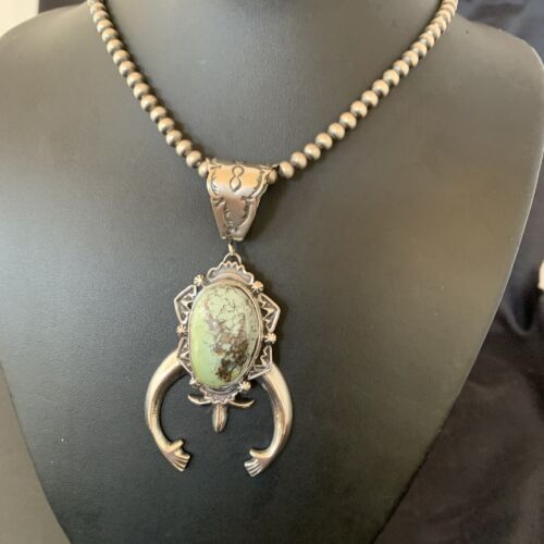Navajo Green Spiderweb Turquoise Necklace with Naja Pendant | Sterling Silver | Authentic Native American Handmade | 2246 - Masha USA