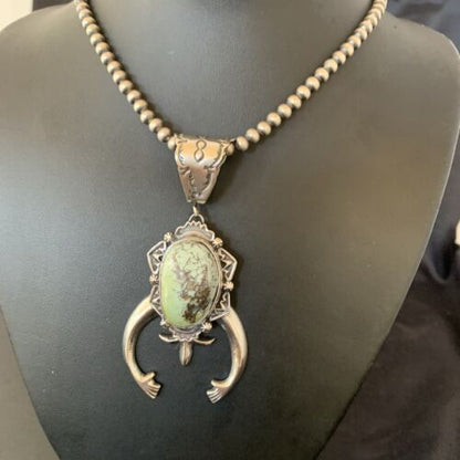 Navajo Green Spiderweb Turquoise Necklace with Naja Pendant | Sterling Silver | Authentic Native American Handmade | 2246 - Masha USA