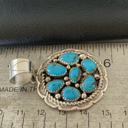 Navajo Blue Turquoise and Multi-Stone Round Cluster Pendant | Authentic Native American Sterling Silver | 2" | 02096