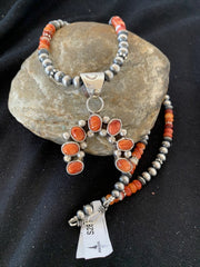 Navajo Pearls Red Spiny Oyster Cluster Naja Pendant Necklace | Sterling Silver | S283