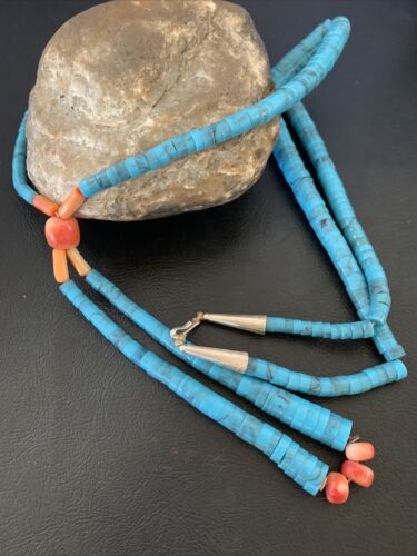 Southwestern Santo Domingo Pink Coral Blue Turquoise Jacla Necklace | 30" | Authentic Native American Handmade | 12517