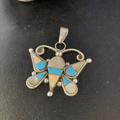 Zuni Butterfly Pendant Necklace | Turquoise & Yellow Mother of Pearl Inlay | Sterling Silver | 14208