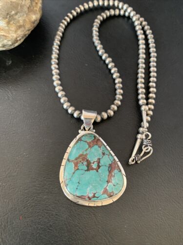 Men's Navajo Pearl Necklace with Blue Spiderweb Turquoise Pendant | Sterling Silver | 10543