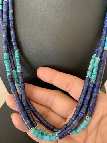 Navajo Lapis & Turquoise 3 Strand Necklace | Sterling Silver | 21" | Authentic Native American Handmade | 01011