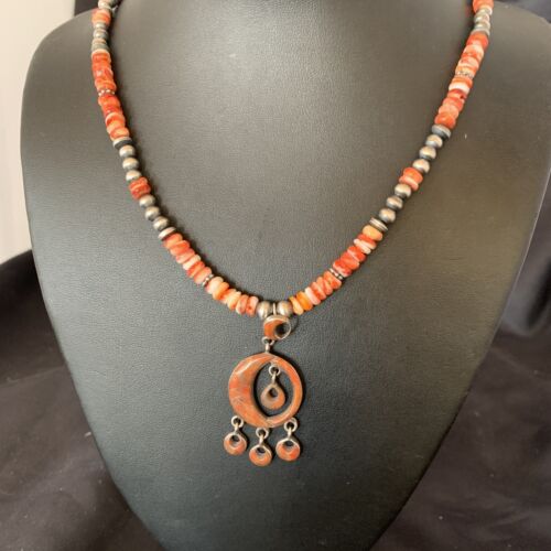 Navajo Pearl Necklace with Red Apple Coral & Spiny Oyster Pendant | Sterling Silver Inlay | 12371