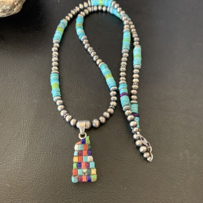 Navajo Multi-Color Blue Turquoise Pendant | Sterling Silver Pearls Necklace | Native American Handmade | 12617