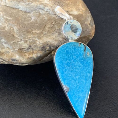 Navajo Blue Topaz Turquoise Pendant | Sterling Silver | 3" | Authentic Native American Handmade | 10709
