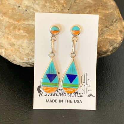 Navajo Multi-Color Turquoise Spiny Opal Inlay Earrings | Sterling Silver | 1.5" | 12010