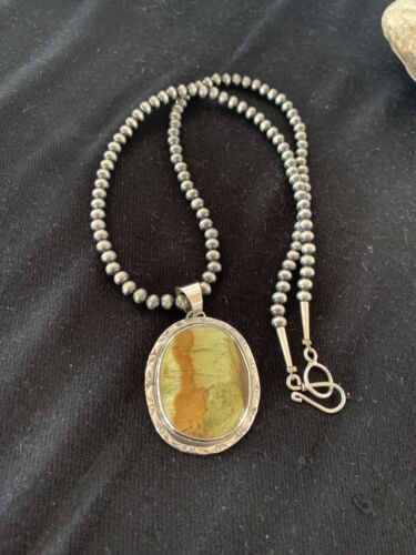 Navajo Green Gaspeite Pendant Necklace | Sterling Silver | Authentic Native American Handmade | 388