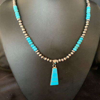 Navajo Blue Turquoise Inlay Pendant Necklace | Sterling Silver | Authentic Native American Handmade | 13866