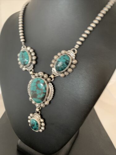 Navajo Lariat Spiderweb Turquoise Pendant Necklace | Sterling Silver | 25" | Authentic Native American Handmade | 01336