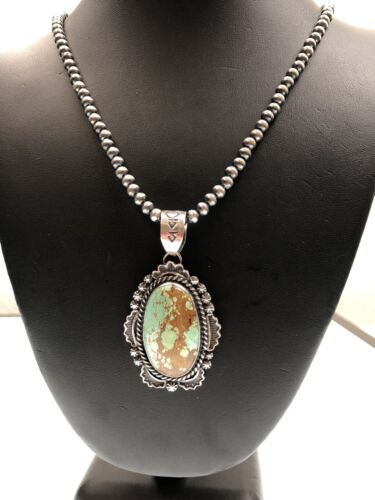 Navajo Pearls Sterling Silver Necklace with Blue Turquoise #8 Pendant | Authentic Native American Handmade | 11298
