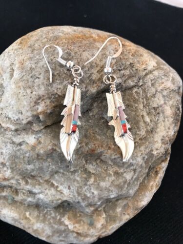 Navajo Coral Inlay Feather Earrings | Sterling Silver | Authentic Native American Handmade | 2007