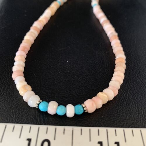 Navajo Blue Turquoise Pink Opal Bead Necklace | Sterling Silver | Authentic Native American Handmade | 22" | 13592