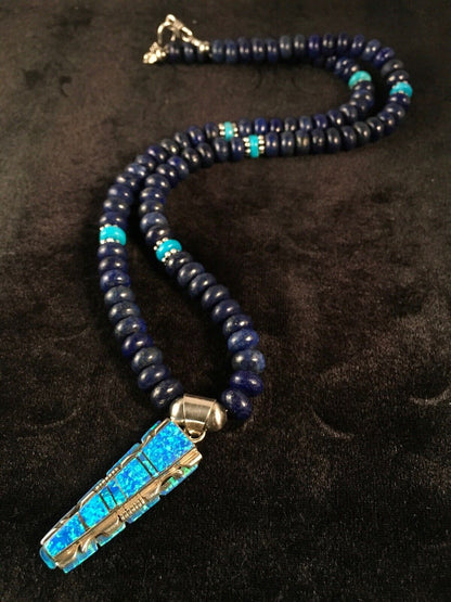 Navajo Opal, Lapis & Turquoise Inlay Pendant Necklace | Sterling Silver | Authentic Native American Handmade | 3348