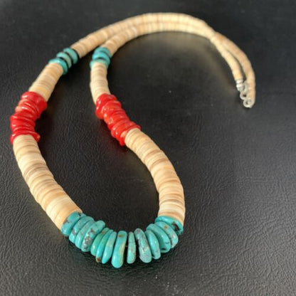 Authentic Native American Santo Domingo Necklace | Red Coral, Blue Turquoise, Onyx Shell | 22" | 13487