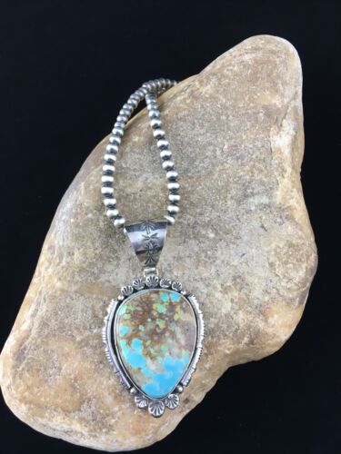 Navajo Kingman Blue Turquoise Pendant Necklace | Sterling Silver Pearls | Authentic Native American Handmade | 10093