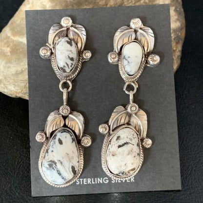 Navajo White Buffalo Turquoise Dangle Earrings Set | Sterling Silver | Authentic Native American Handmade | 13753