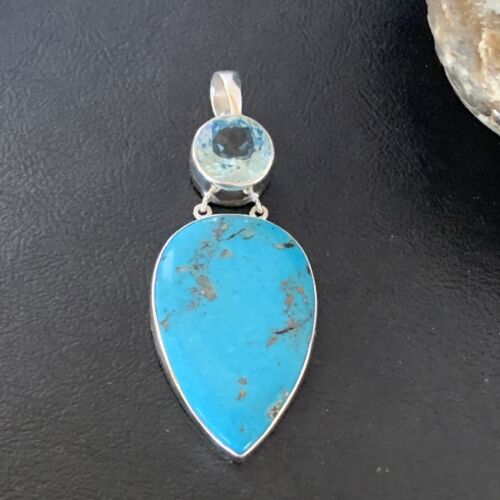 Southwestern Navajo Blue Topaz Turquoise Pendant | Sterling Silver | 3" | 10711