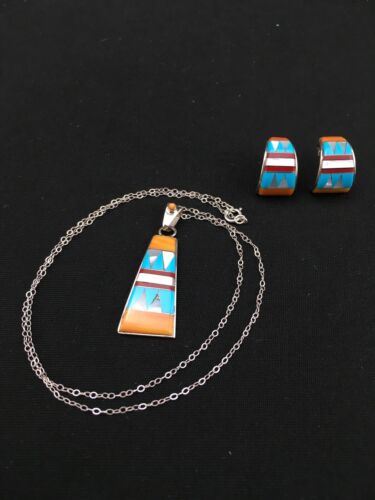Navajo Multi-Stone Inlay Pendant Necklace & Earrings Set | Sterling Silver | Authentic Native American Handmade | 4741