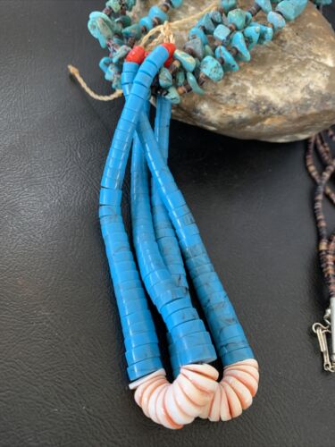 Native American Santo Domingo Spiny Blue Turquoise Shell Jacla Necklace | 3-Strand 27" | 12495