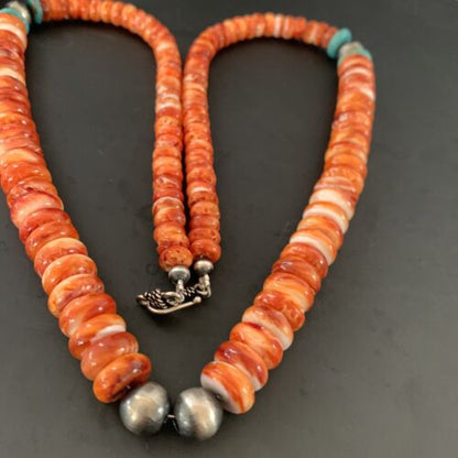 Navajo Pearls Sterling Necklace | Red Spiny Oyster & Turquoise Pendant | 24" | 11327