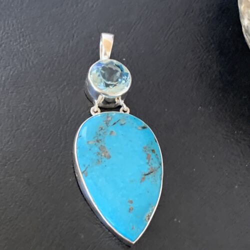 Southwestern Navajo Blue Topaz Turquoise Pendant | Sterling Silver | 3" | 10711