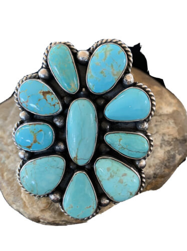 Navajo Blue Royston Turquoise Cluster Ring | Authentic Native American Sterling Silver | Multi-Stone | Sz 7 | 1660