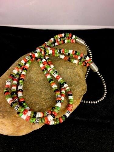Native American Turquoise & Spiny Oyster Necklace | Sterling Silver | Multi-Strand | 8745
