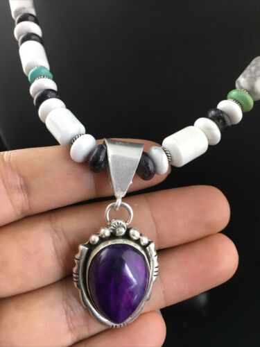 Navajo Purple Sugilite Turquoise Bead Necklace | Sterling Silver | 22" | Authentic Native American Handmade | 10035