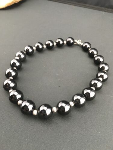 Navajo Sterling Silver Black Onyx Bead Necklace | 18" | Authentic Native American Handmade | 1104