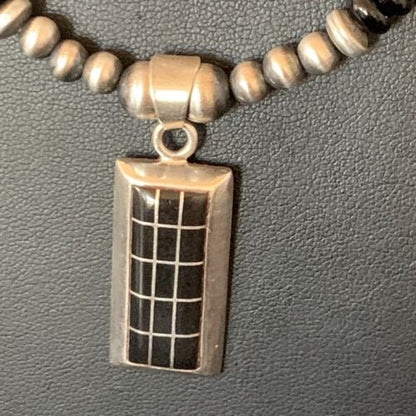 Navajo Black Onyx Inlay Pendant | Sterling Silver Necklace with Pearls | Authentic Native American Handmade | 12282