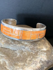 Native American Zuni Orange Spiny Oyster Inlay Cuff Bracelet | Sterling Silver | 12097