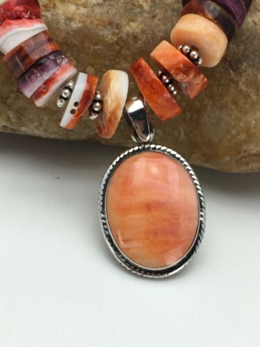 Navajo Orange Spiny Oyster Pendant Necklace Set | Sterling Silver | Authentic Native American Handmade | 2772