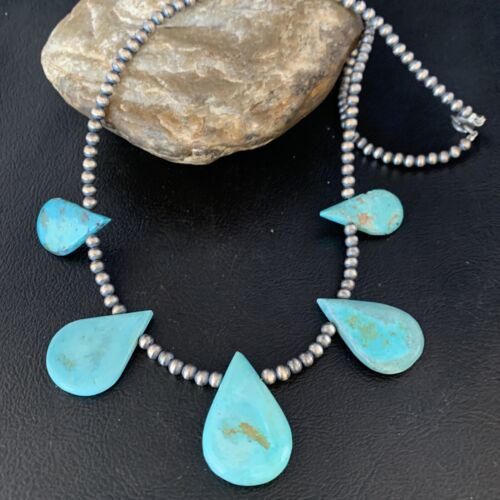 Navajo Teardrop Blue Turquoise Necklace | Sterling Silver Pearls | 20" | Authentic Native American Handmade | 13957