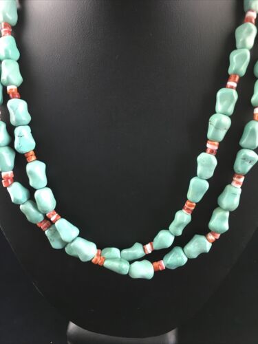 Native American Sterling Silver Blue Turquoise Spiny Oyster Necklace | 18" | 10062