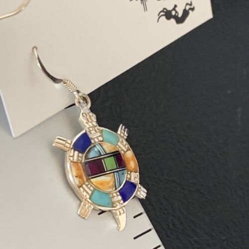 Navajo Turquoise Spiny Opal Inlay Sterling Silver Turtle Earrings | 0.5" | Handmade | 12014