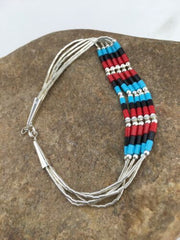 Multi-Color Turquoise Coral Liquid Heishi Bracelet | Sterling Silver | 7" | Authentic Native American Handmade | 13595